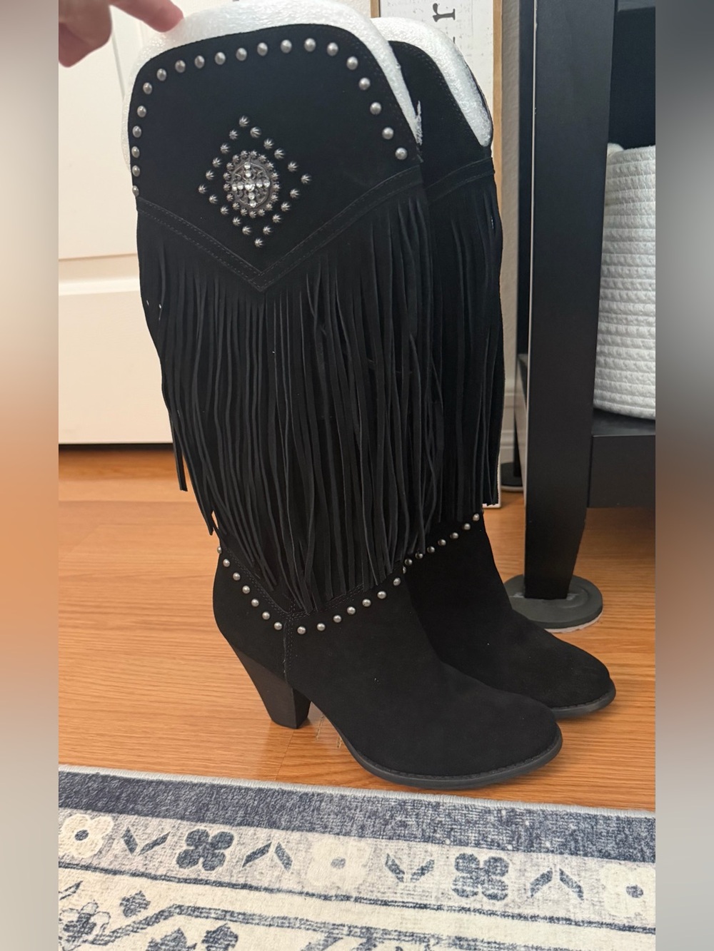 Reba Black Fringe Studded Western Heeled Boots NWT